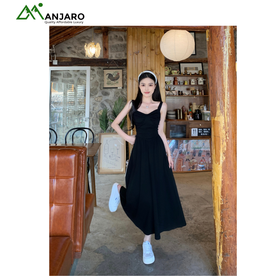 Women's Plus Size Black Suspender Sleeveless Dress | French Retro Mid-Length Elastic Waist Summer Dress(Shipping Fee Included)