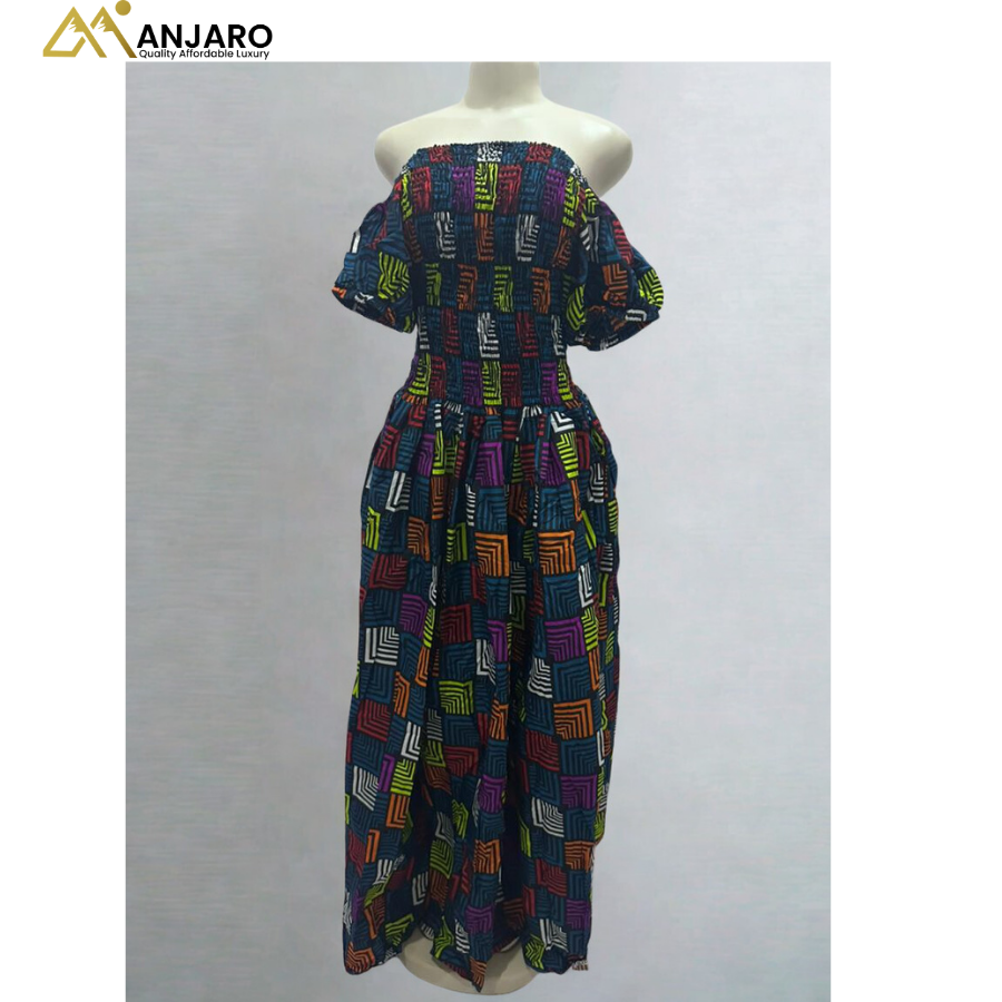 Off-Shoulder Smocked Maxi Dress – Multi-Color Neon Geometric Mosaic