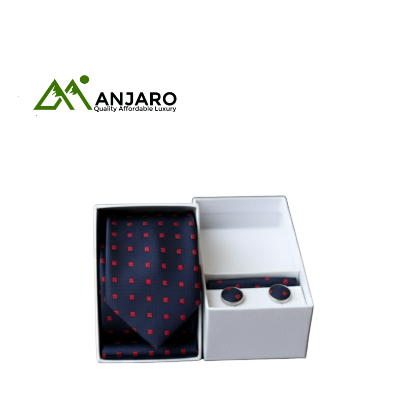 Navy Blue & Red Checkered Men’s Tie Gift Set – Premium Silk Finish with Cufflinks