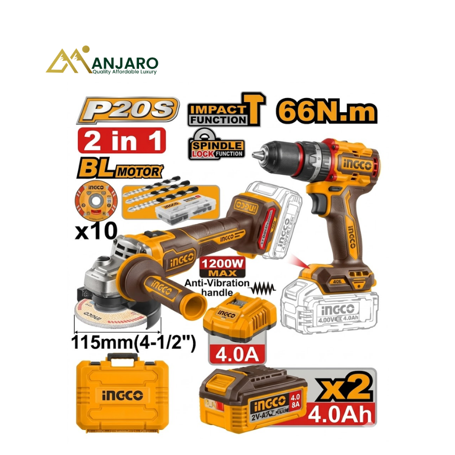 INGCO CKLI20256 20V Cordless Combo Kit | Brushless Angle Grinder & Compact Impact Drill Set