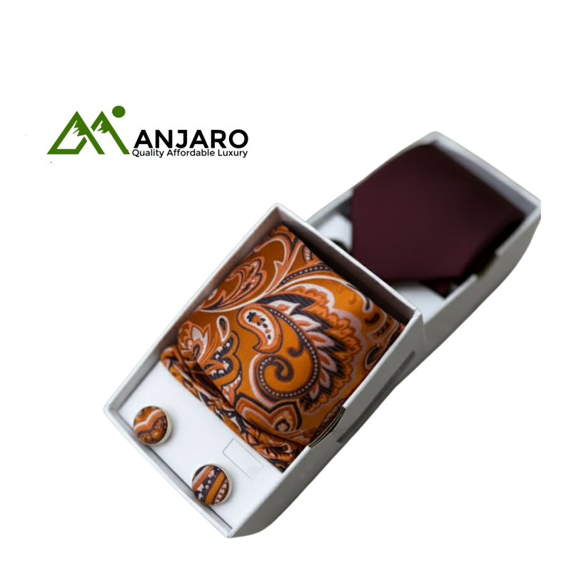 Premium Orange Paisley Tie & Pocket Square Set - Burgundy Solid Tie & Matching Cufflinks - Bold 3-in-1 Gift Box
