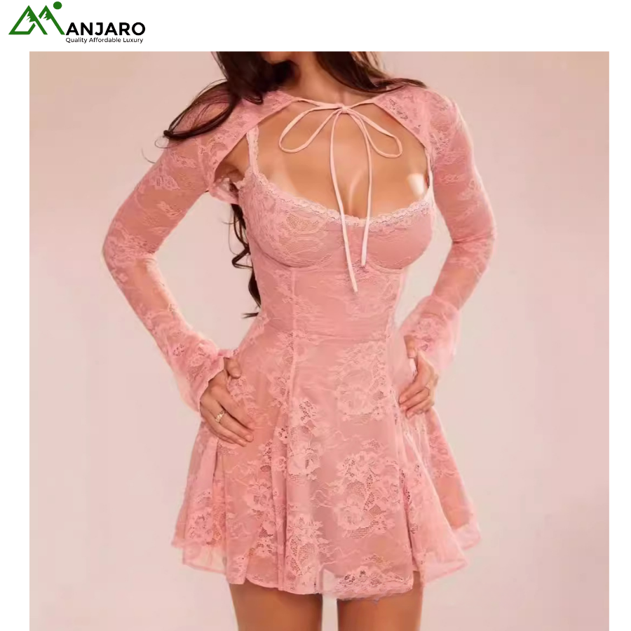 Autumn Elegant Pink Lace Slimming Off-Shoulder Short Dress – Long Sleeve Hot Girl Street Fashion Dress(Shipping Fee Included)