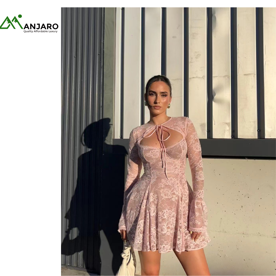 Autumn Elegant Pink Lace Slimming Off-Shoulder Short Dress – Long Sleeve Hot Girl Street Fashion Dress(Shipping Fee Included)