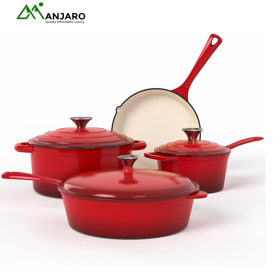 4-Piece Luxury Red Enamel Cast Iron Cookware Set | Nonstick Casseroles & Skillet | Durable, High-Heat Cooking
