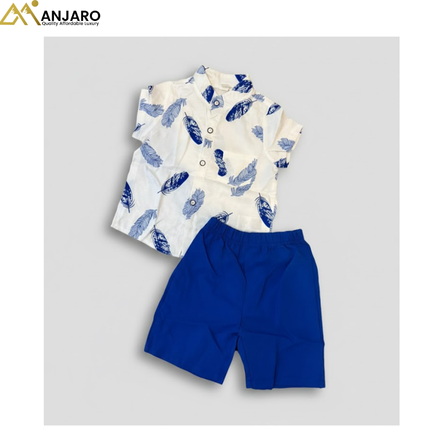 Boys Blue Feather Print Shirt & Shorts Set – 2 Piece Casual Outfit (1–3 Years)